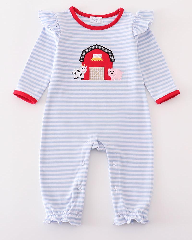 Farm Applique Stripe Girl Romper