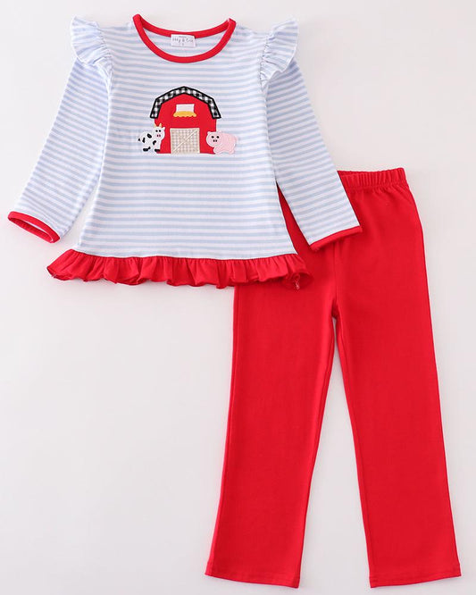 Farm Applique Red Stripe Girl Set