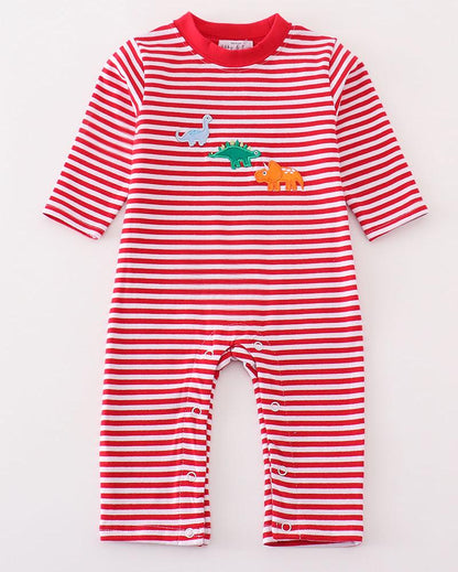 Red Stripe Dinosaur Applique Baby Romper