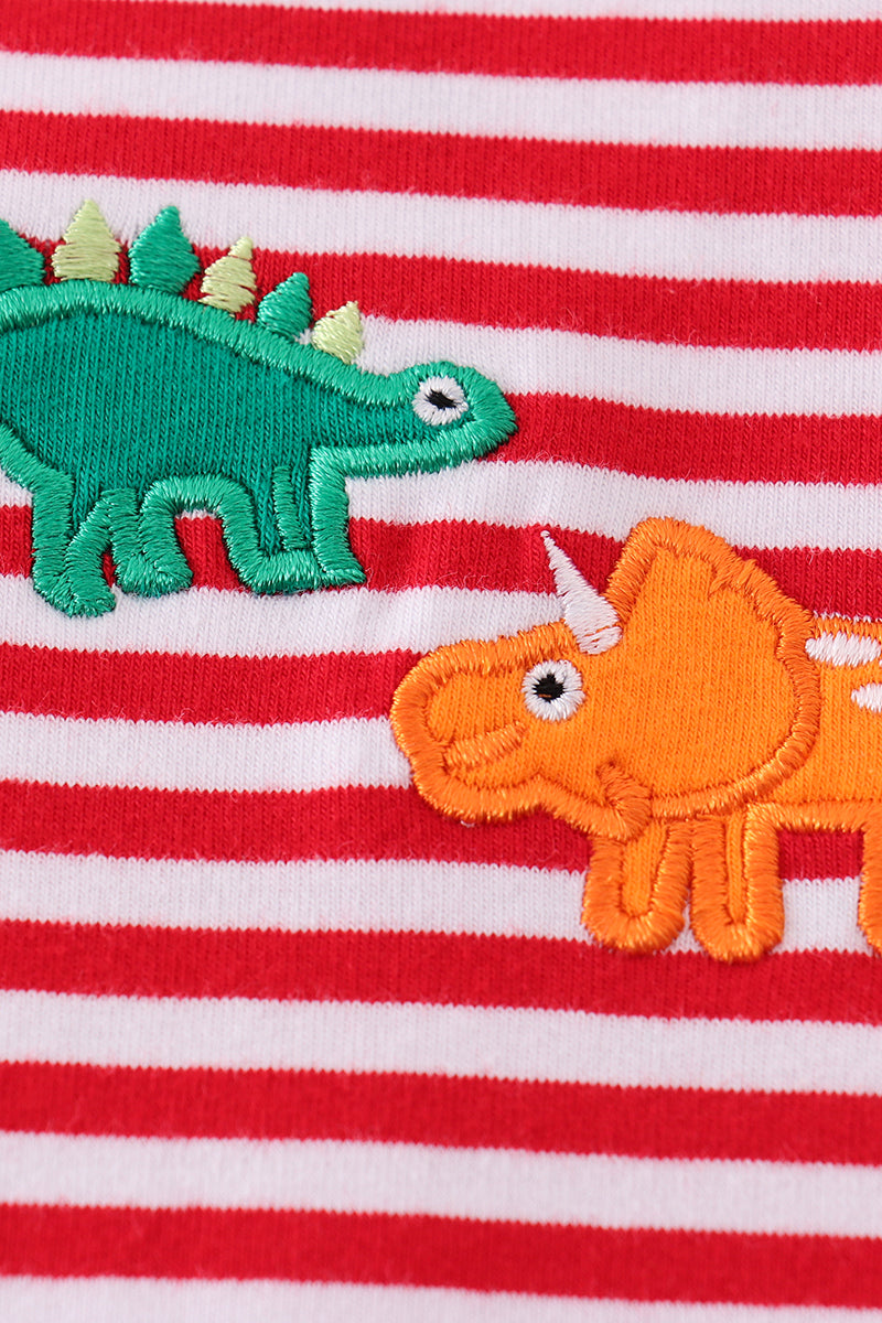 Red Stripe Dinosaur Applique Baby Romper