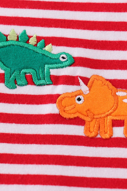 Red Stripe Dinosaur Applique Baby Romper