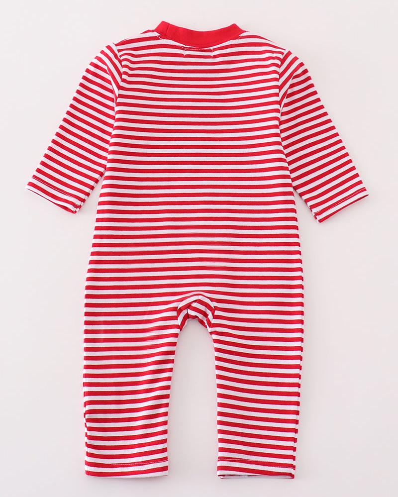 Red Stripe Dinosaur Applique Baby Romper