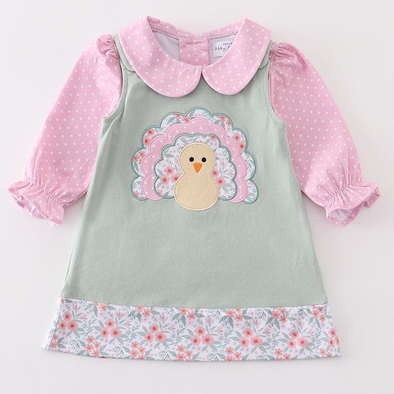 Turkey Applique Sage 2pc Girl Dress Set