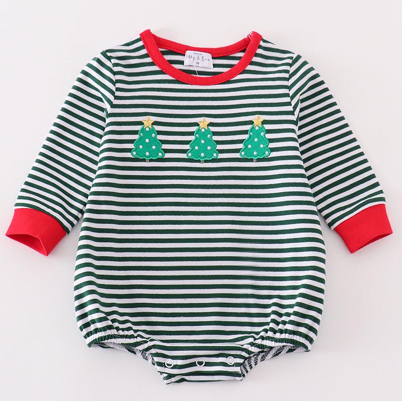 Green Stripe Christmas Tree Embroidered Boy Bubble