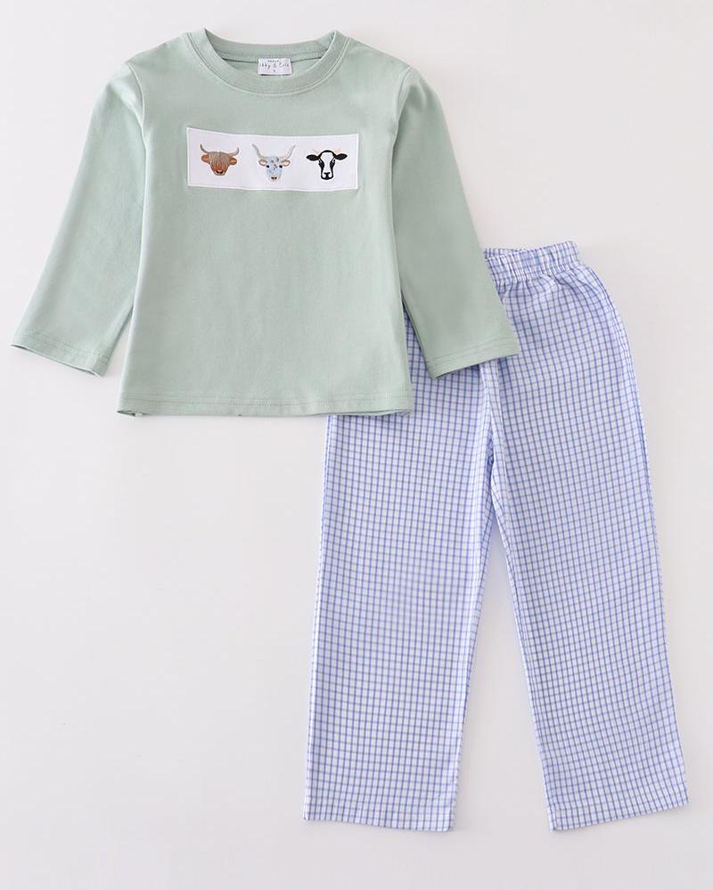 Cow Embroidered Sage Boy Set