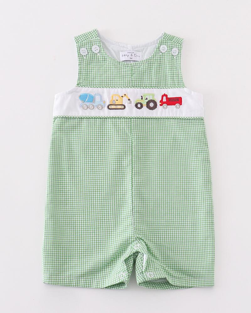 Construction Crew Embroidered Green Gingham Jon Jon