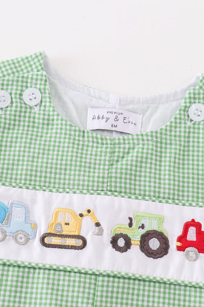 Construction Crew Embroidered Green Gingham Jon Jon