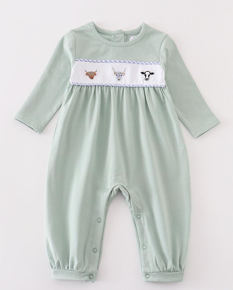 Cow Embroidered Sage Boy Romper