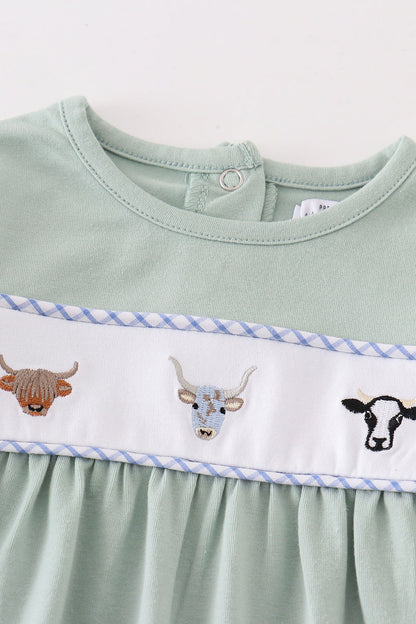 Cow Embroidered Sage Boy Romper