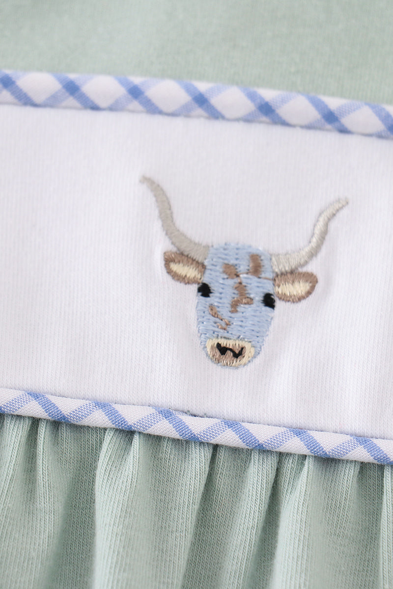 Cow Embroidered Sage Boy Romper