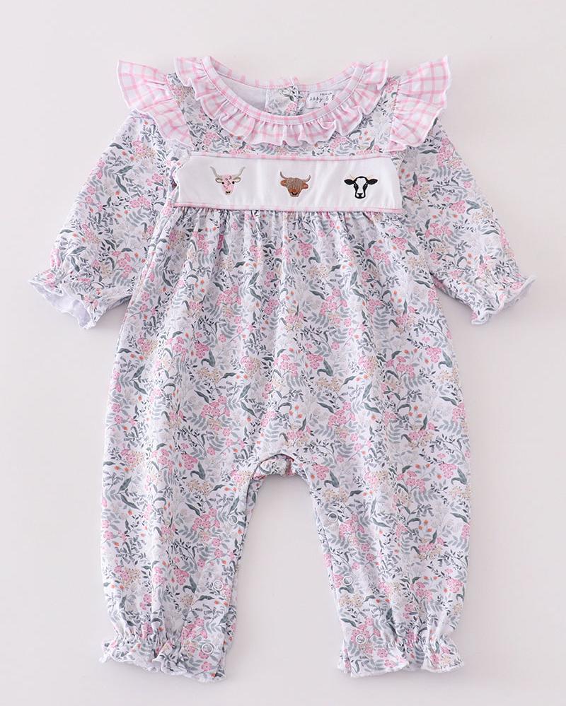 Cow Embroidered Floral Print Girl Romper