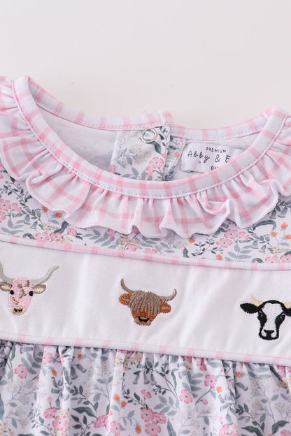 Cow Embroidered Floral Print Girl Romper