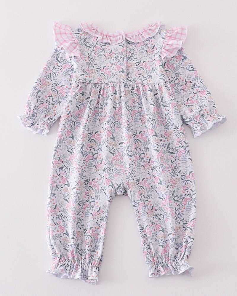 Cow Embroidered Floral Print Girl Romper