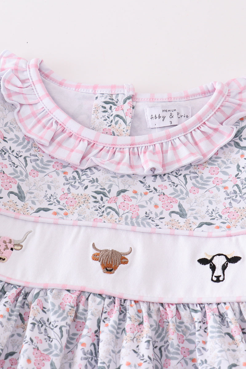 Cow Embroidered Floral Print Girl Set