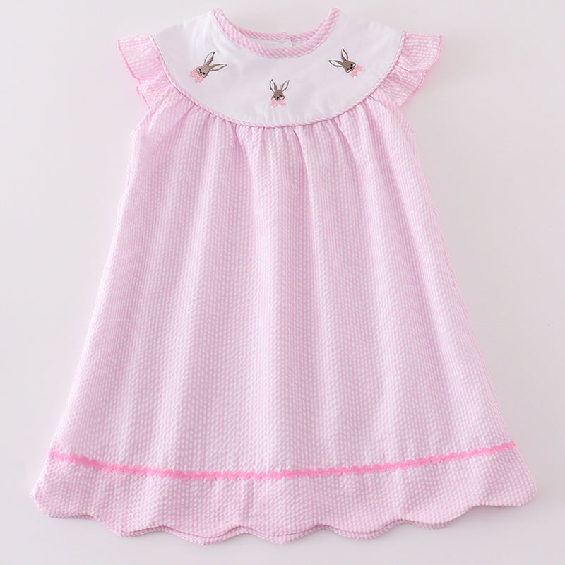 Bunny Embroidered Pink Seersucker Dress