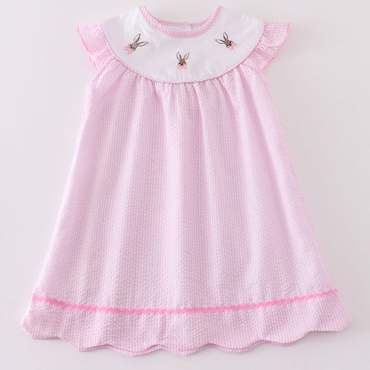 Bunny Embroidered Pink Seersucker Dress