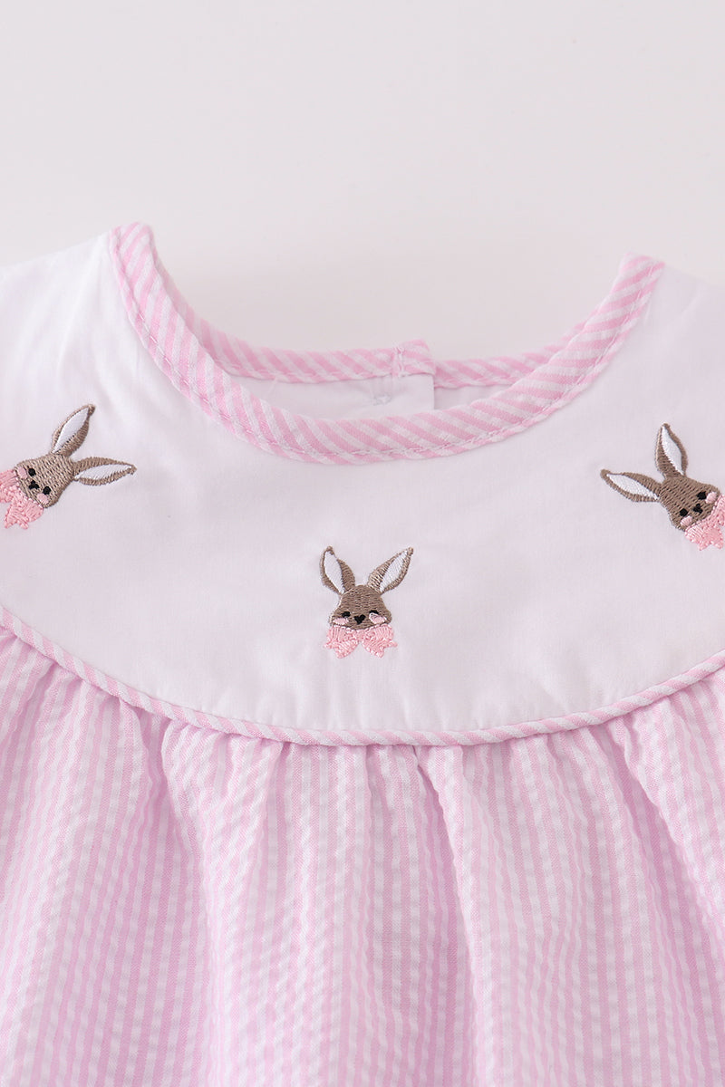 Bunny Embroidered Pink Seersucker Dress