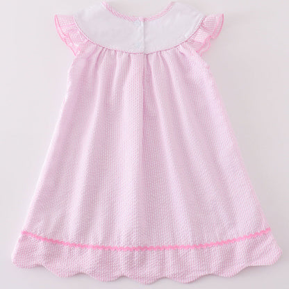 Bunny Embroidered Pink Seersucker Dress