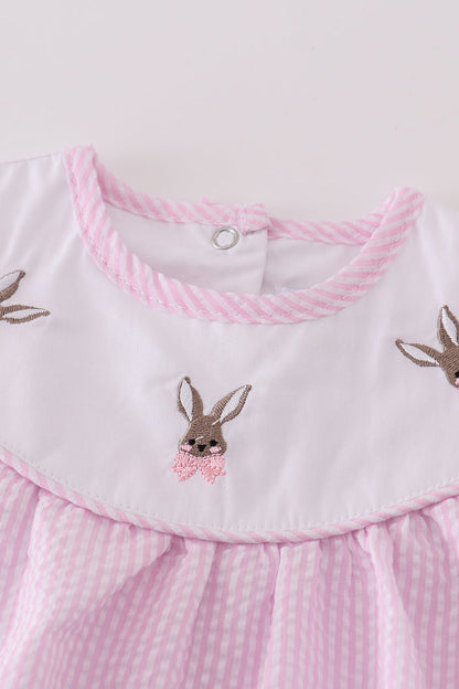 Bunny Embroidered Pink Seersucker Girl Bubble