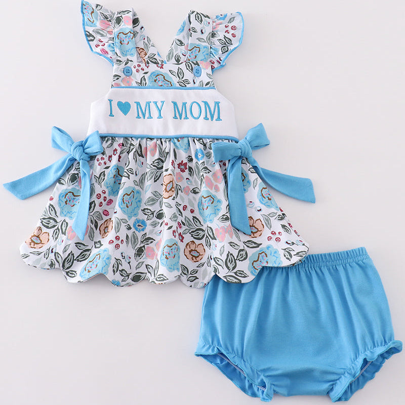 I Heart My Mom Embroidered Blue Floral Bloomers Set