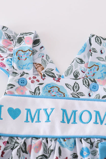 I Heart My Mom Embroidered Blue Floral Bloomers Set