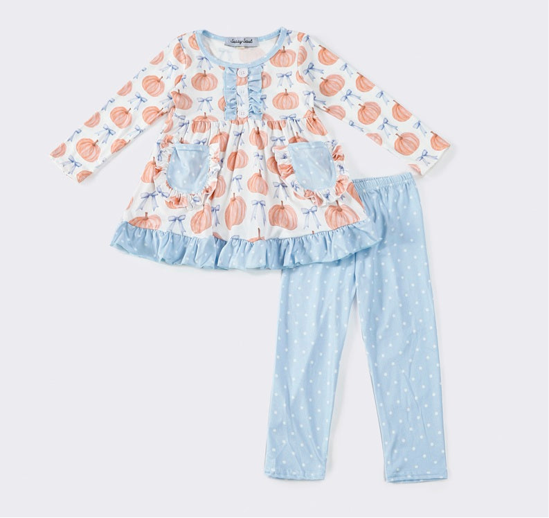 Pumpkin Bow Print Ruffle Girl Set