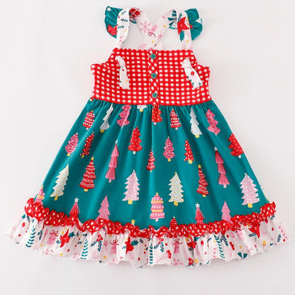 Red Christmas Tree Plaid Ruffle Dress