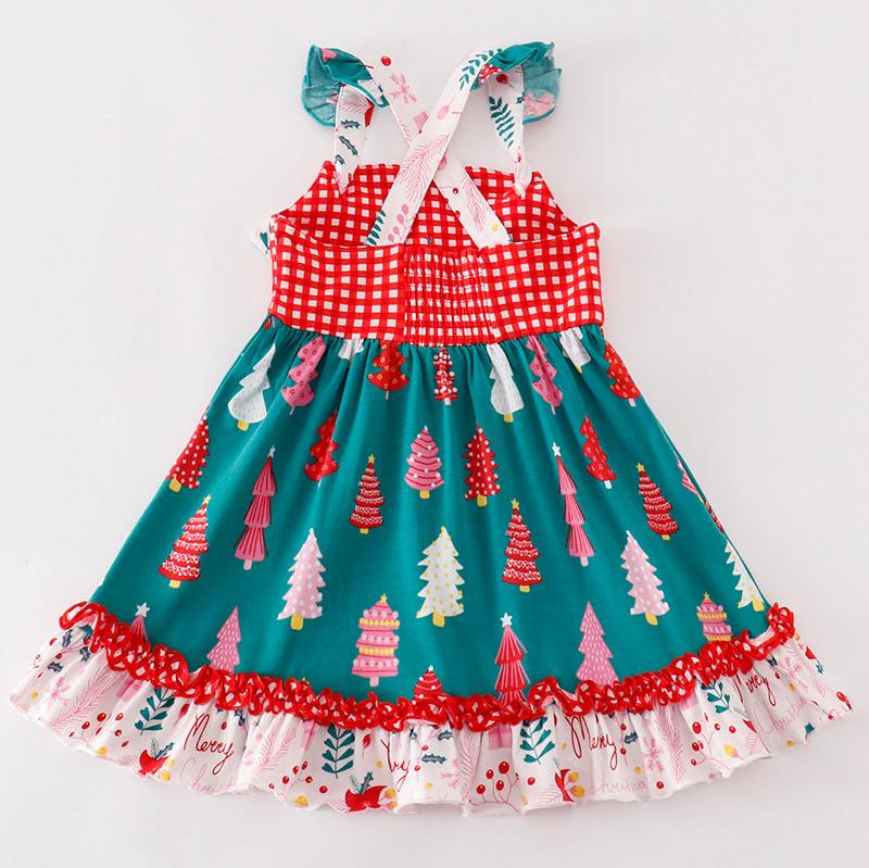 Red Christmas Tree Plaid Ruffle Dress