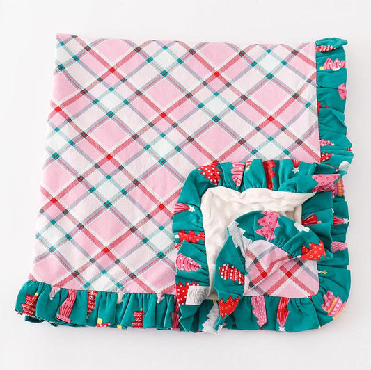 Christmas Tree Pink Plaid Ruffle Minky Blanket