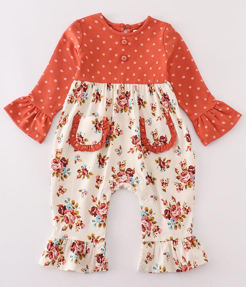 Ziva Rustic Floral Polka Dot Girl Romper