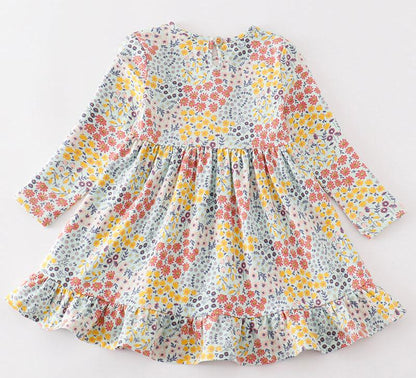 Amora Blue Floral Print Ruffle Girl Dress