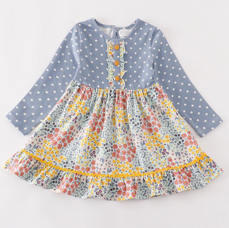 Amora Blue Floral Print Polka Dot Dress