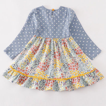 Amora Blue Floral Print Polka Dot Dress