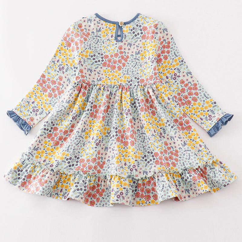 Amora Blue Floral Print Ruffle Dress