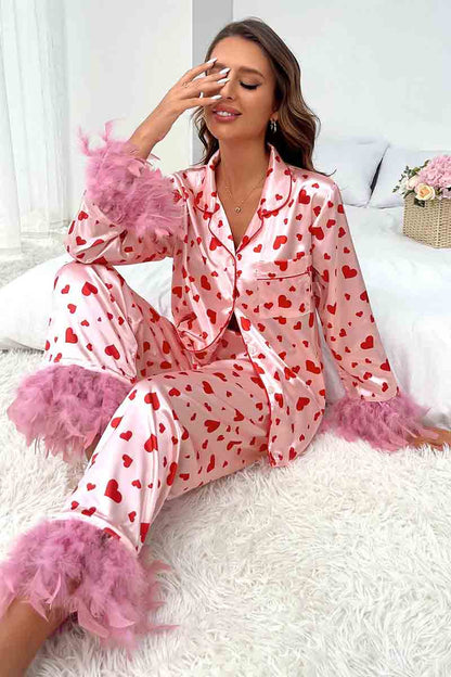 Pink Valentine Heart Print Fur Trim Women’s Pajamas Set