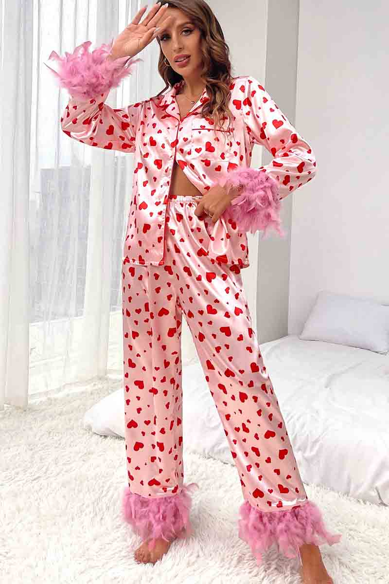 Pink Valentine Heart Print Fur Trim Women’s Pajamas Set