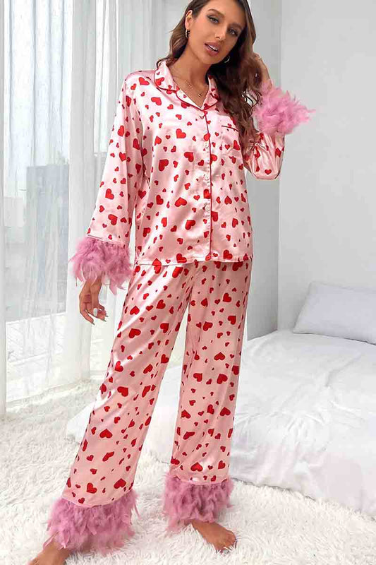 Pink Valentine Heart Print Fur Trim Women’s Pajamas Set