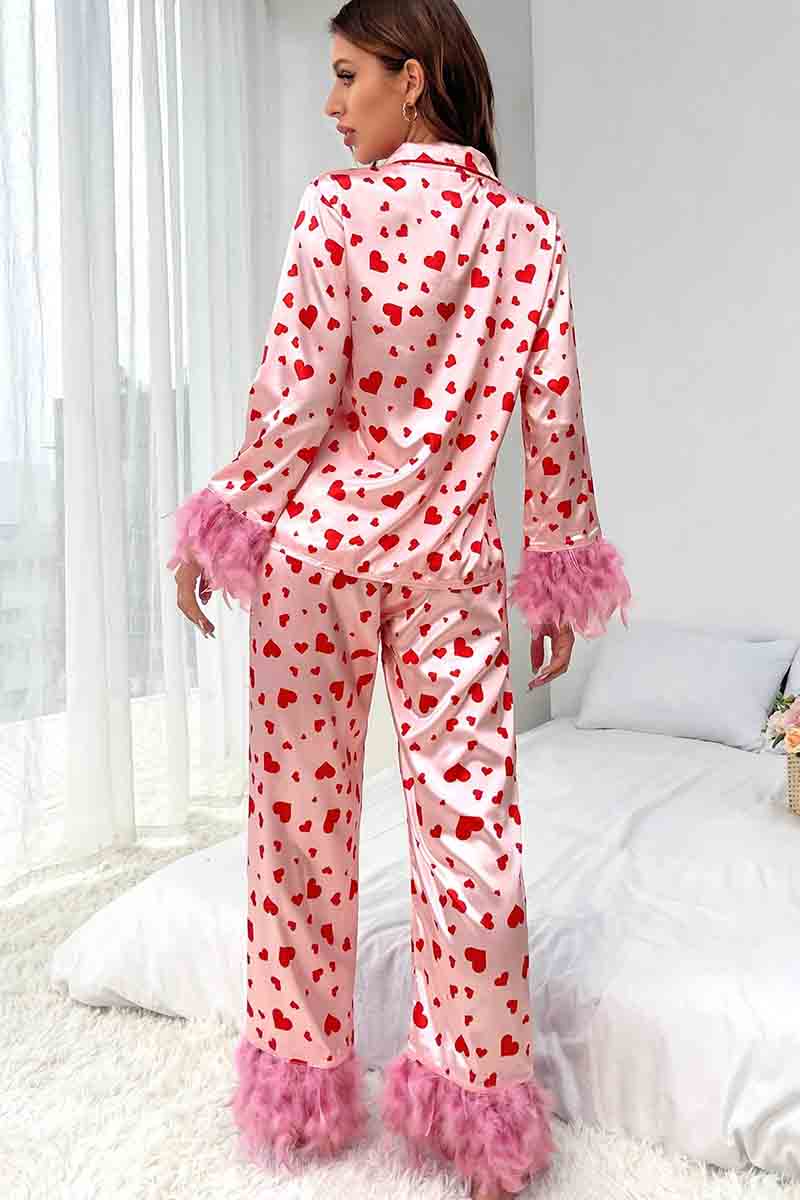 Pink Valentine Heart Print Fur Trim Women’s Pajamas Set