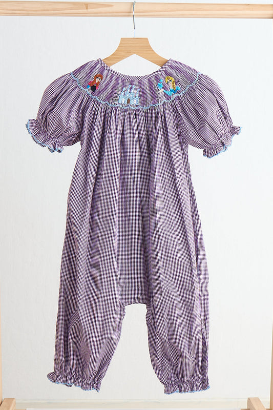 Purple Ice Castle Hand Smocked Gingham Girl Romper