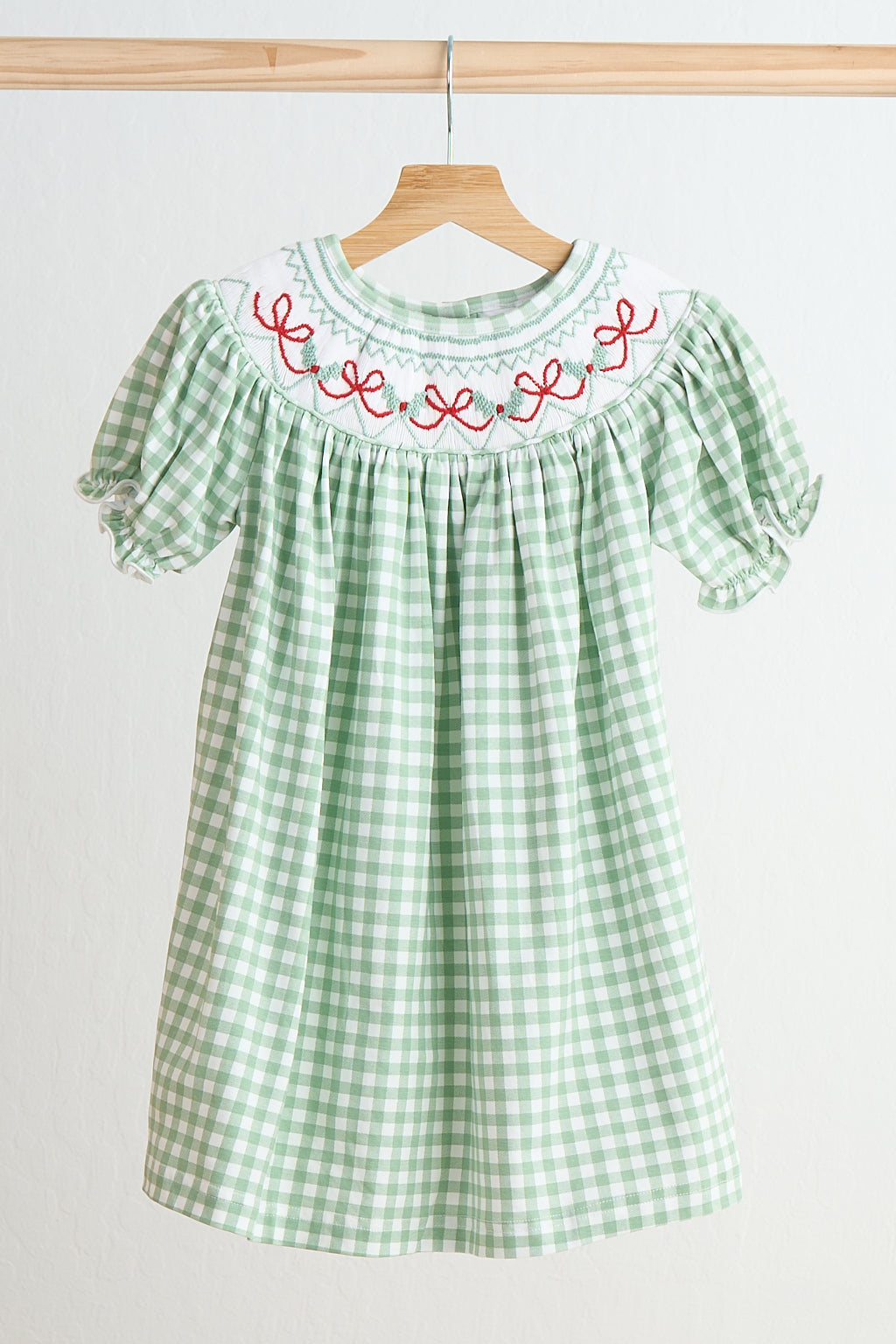 Coquette Bows Hand Smocked Green Gingham Dress