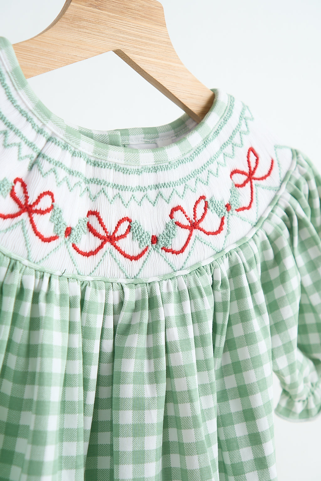 Coquette Bows Hand Smocked Green Gingham Dress