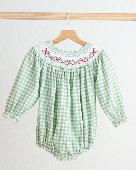 Coquette Bow Hand Smocked Green Gingham Girl Bubble