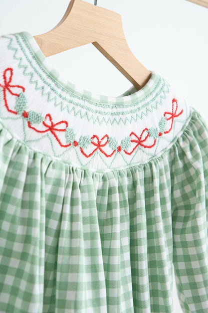 Coquette Bow Hand Smocked Green Gingham Girl Bubble