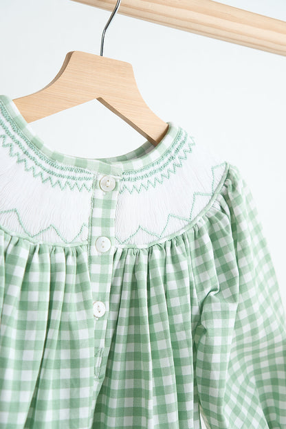 Coquette Bow Hand Smocked Green Gingham Girl Bubble