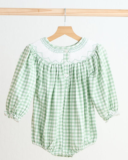 Coquette Bow Hand Smocked Green Gingham Girl Bubble