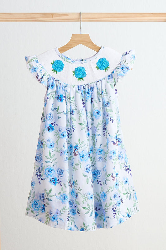 Blue Rose Print Hand Smocked Dress