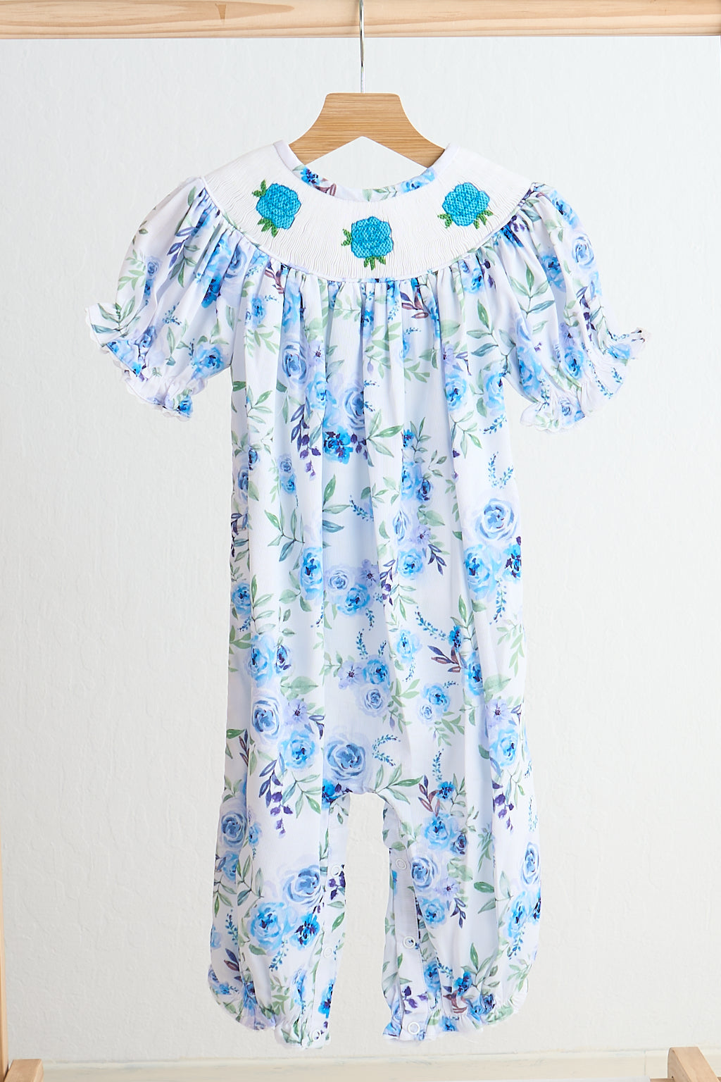 Blue Rose Print Hand Smocked Girl Romper