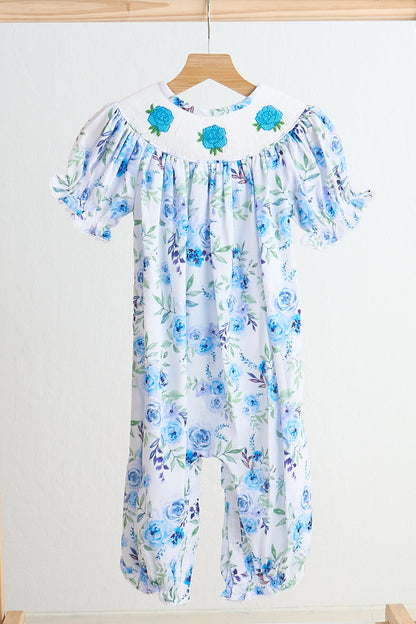 Blue Rose Print Hand Smocked Girl Romper