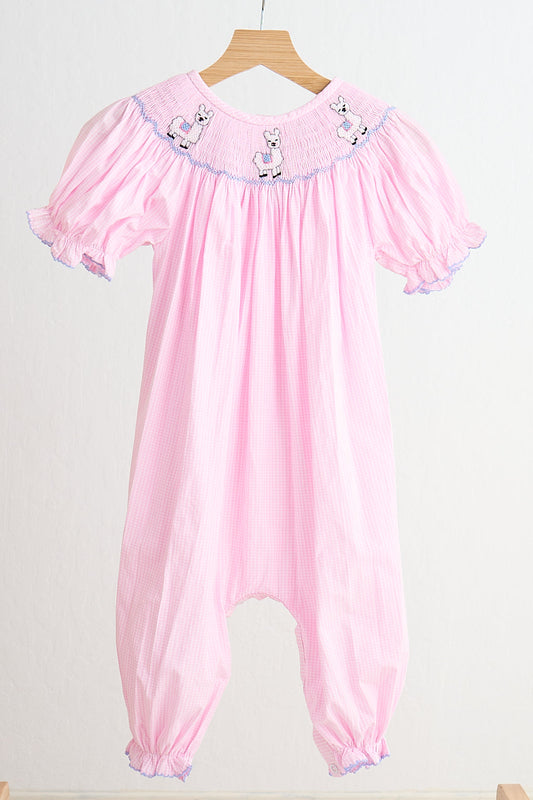 Alpaca Hand Smocked Pink Gingham Girl Romper