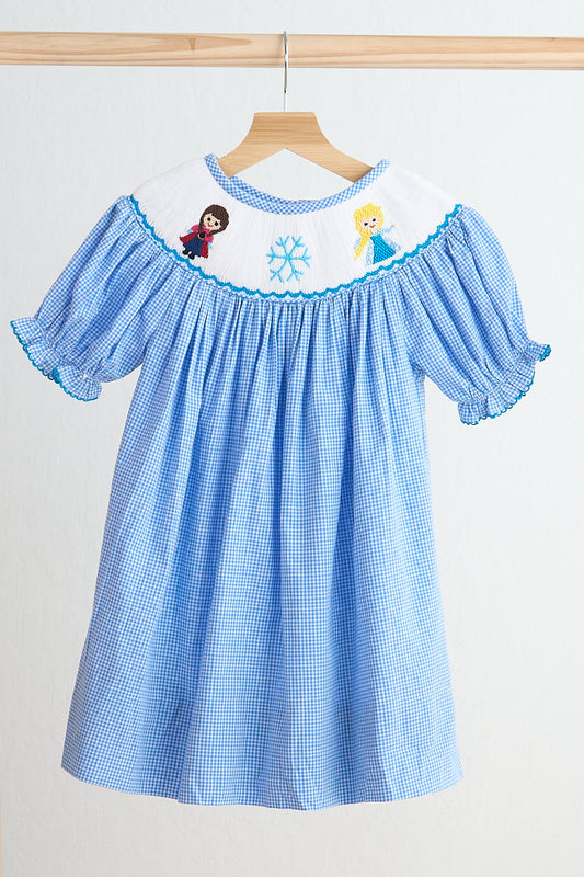 Blue Ice Princess Hand Smocked Gingham Dress